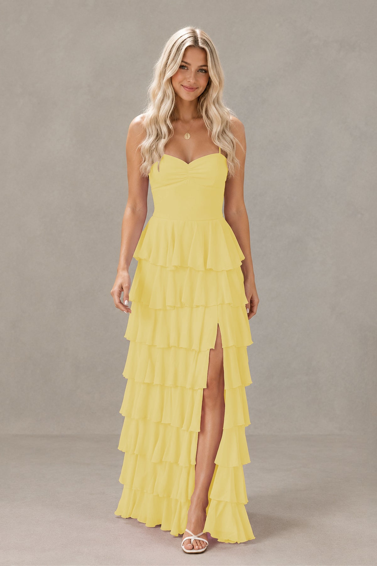 BOLODOO Yellow Strapless Tiered Ruffle Maxi Dress with Slit & Lace-Up Back - Yellow