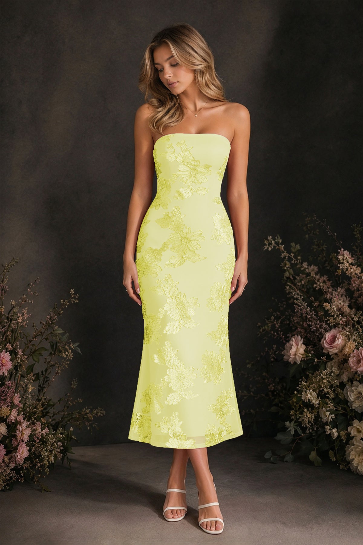 BOLODOO Yellow Tonal Floral Embroidered Mesh Strapless Open Back Bodycon Midi Tea Length Dress - Yellow