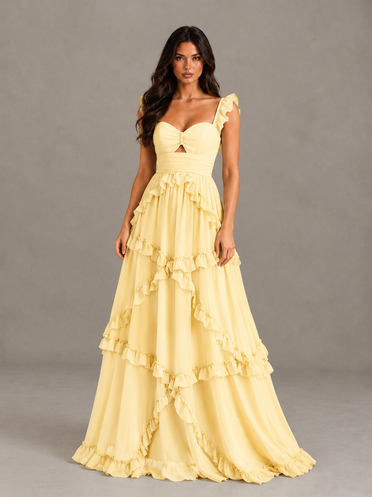 BOLODOO Yellow Ruffle A-Line Prom Dress with Open Back - Yellow - Yellow (4)