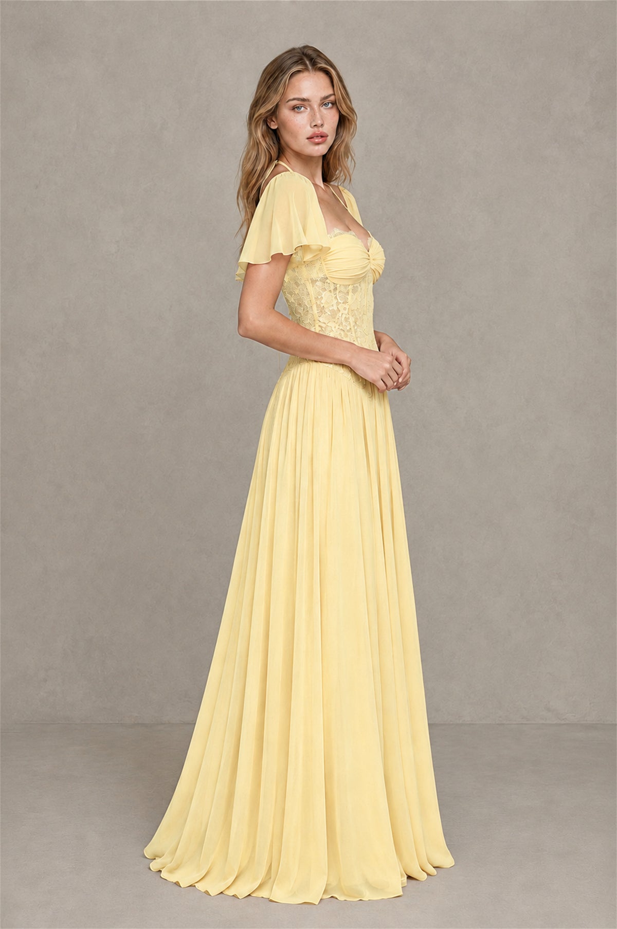 BOLODOO Yellow Flutter Sleeve Lace Corset A-Line Maxi Dress - Yellow - Yellow (4)