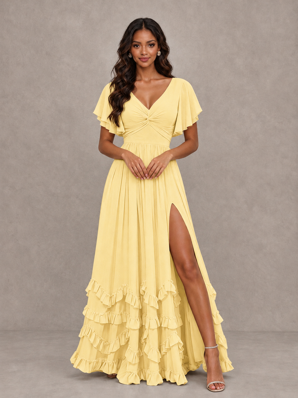 BOLODOO Yellow V-Neck Flutter Sleeve Ruffle Bridesmaid Dress with Slit - Yellow - Yellow (4)