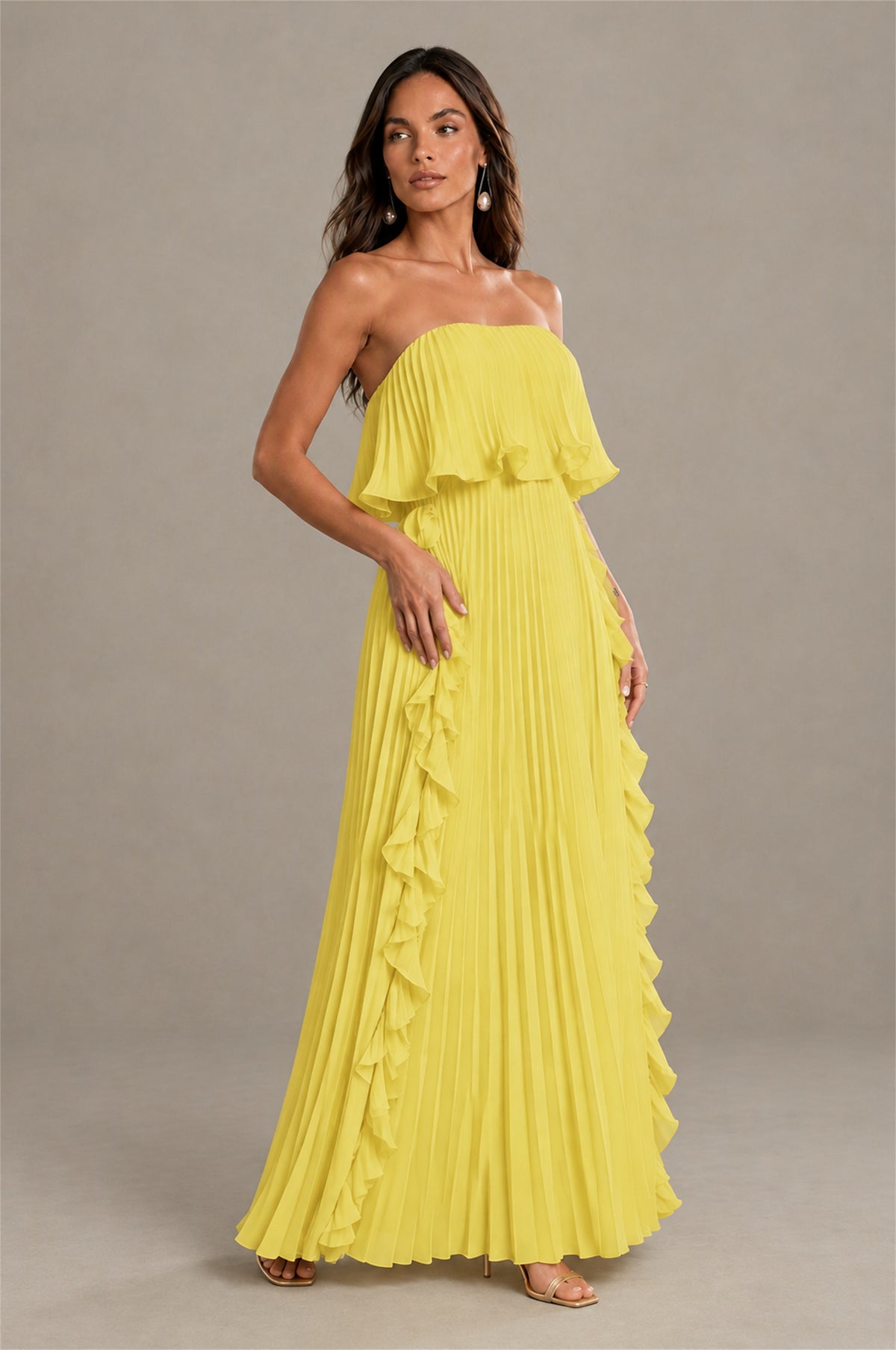 BOLODOO Yellow Strapless Ruffle Bodice Dual Cascading Ruffle Accordion Pleated Chiffon Maxi Dress - Yellow