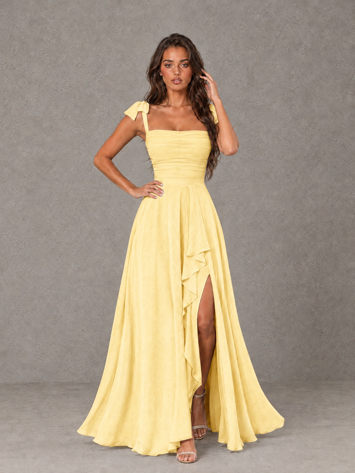 BOLODOO Yellow Bow-Strap Bridesmaid Dress with Ruffle Slit - Yellow - Yellow (4)