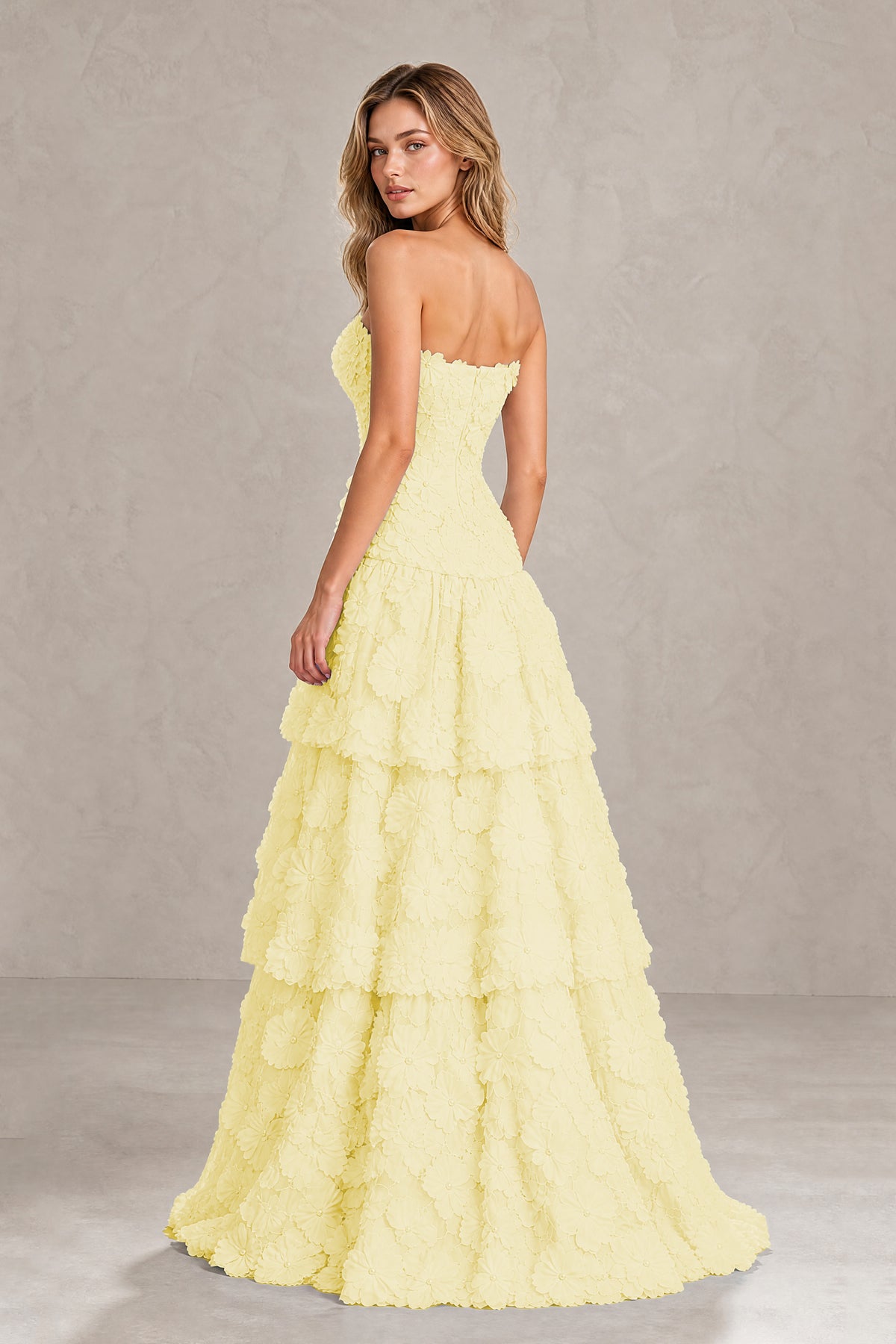 BOLODOO Yellow Strapless 3D Floral Tiered Evening Gown - Yellow