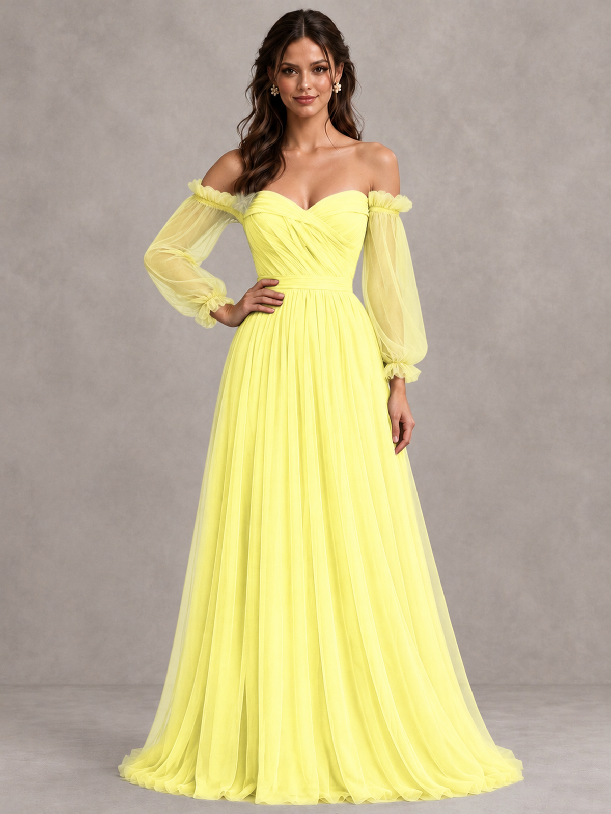 BOLODOO Yellow Off-the-Shoulder Long Sleeve A-Line Bridesmaid Dress - Yellow - Yellow (4)