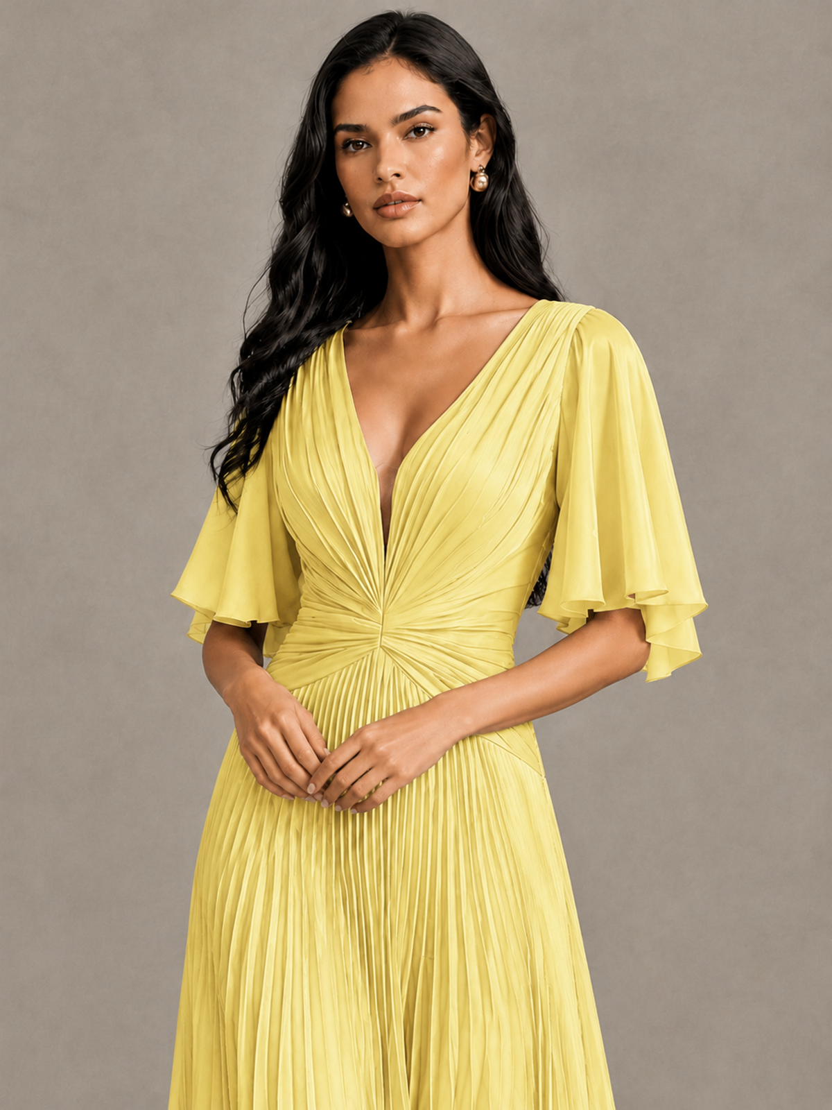 BOLODOO Yellow Pleated V-Neck Flutter Sleeve Bridesmaid Dress - Yellow - Yellow (4)