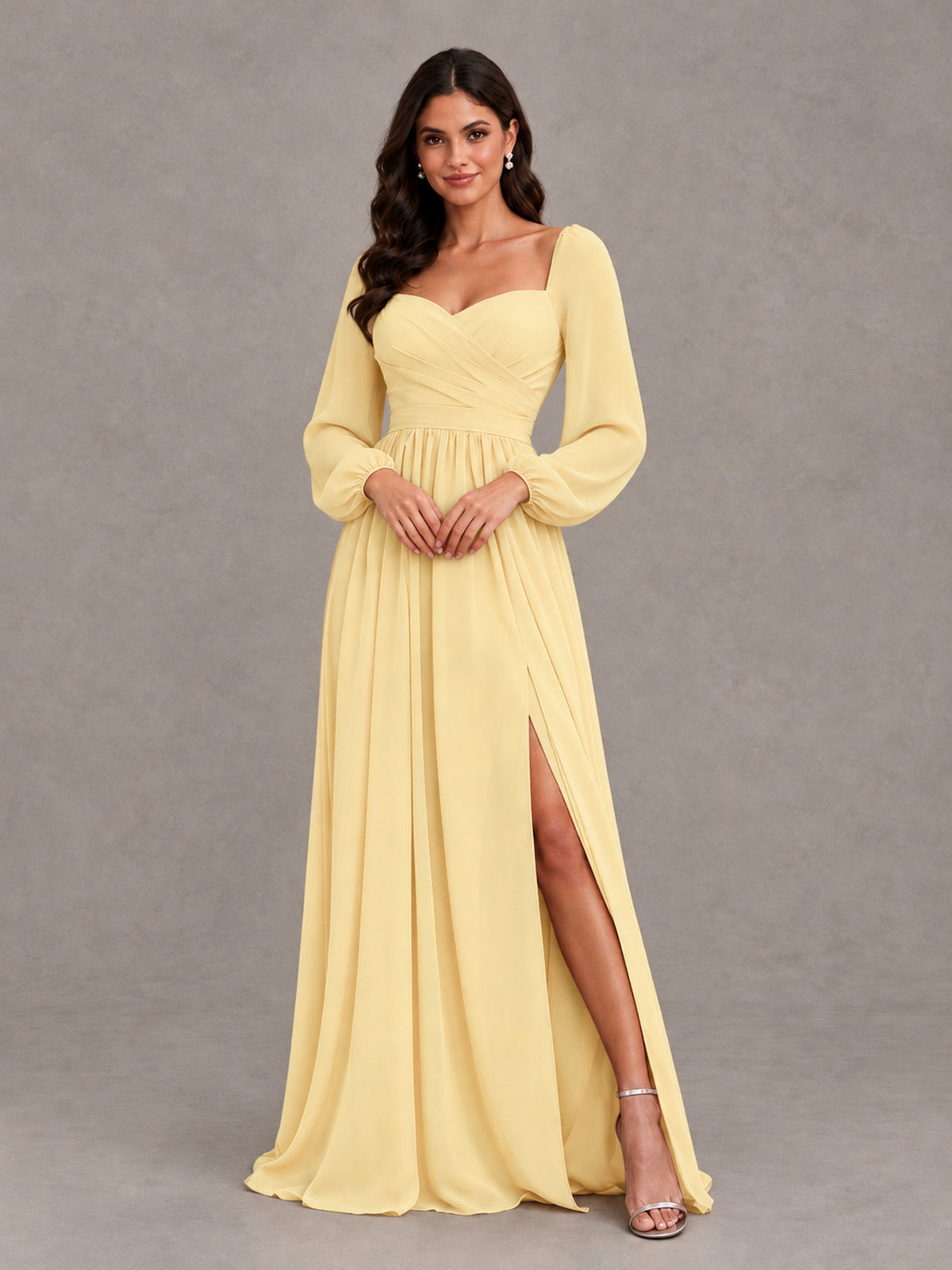 BOLODOO Yellow Long Sleeve Chiffon Bridesmaid Dress with Slit - Yellow - Yellow (4)