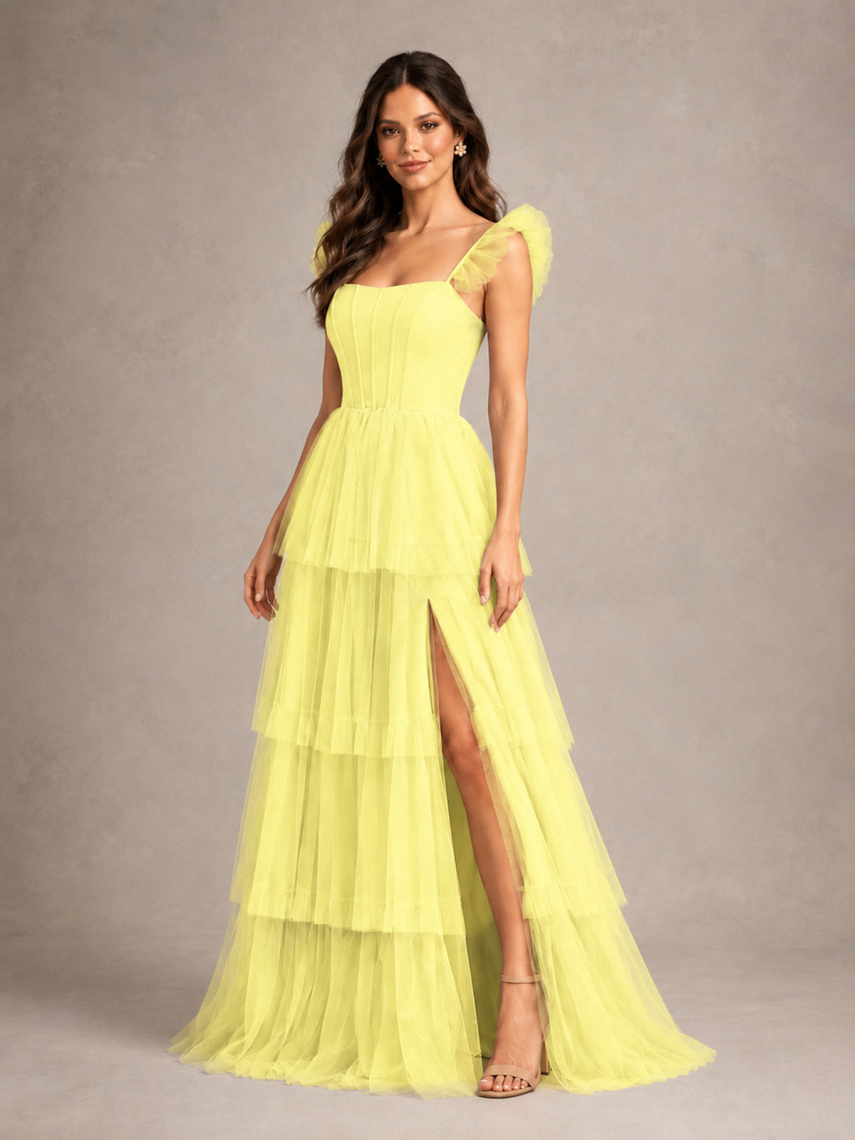 BOLODOO Yellow Tiered Tulle Bridesmaid Dress with Slit - Yellow - Yellow (4)