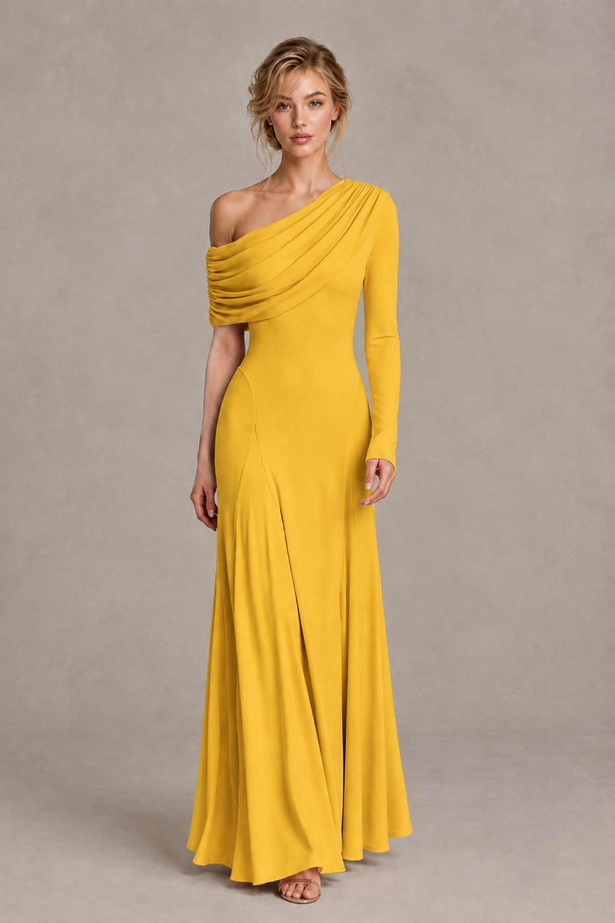 BOLODOO Yellow Asymmetric Draped Long Sleeve Evening Gown - Yellow