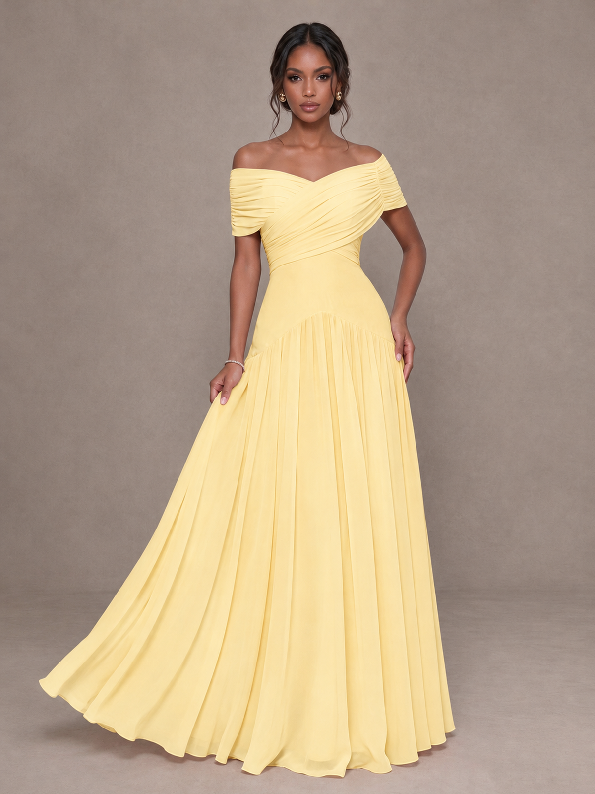 BOLODOO Yellow Off-Shoulder Ruched A-Line Bridesmaid Dress - Yellow - Yellow (4)