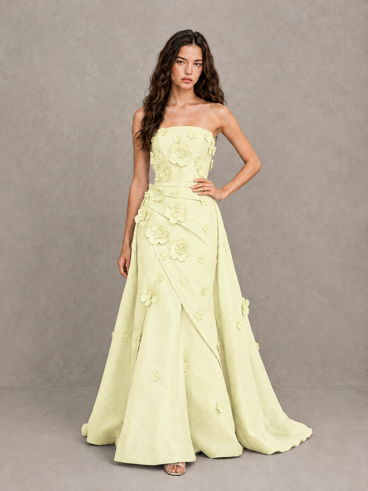 BOLODOO Yellow Strapless 3D Floral Applique Prom Gown with Draped Skirt - Yellow - Yellow (4)