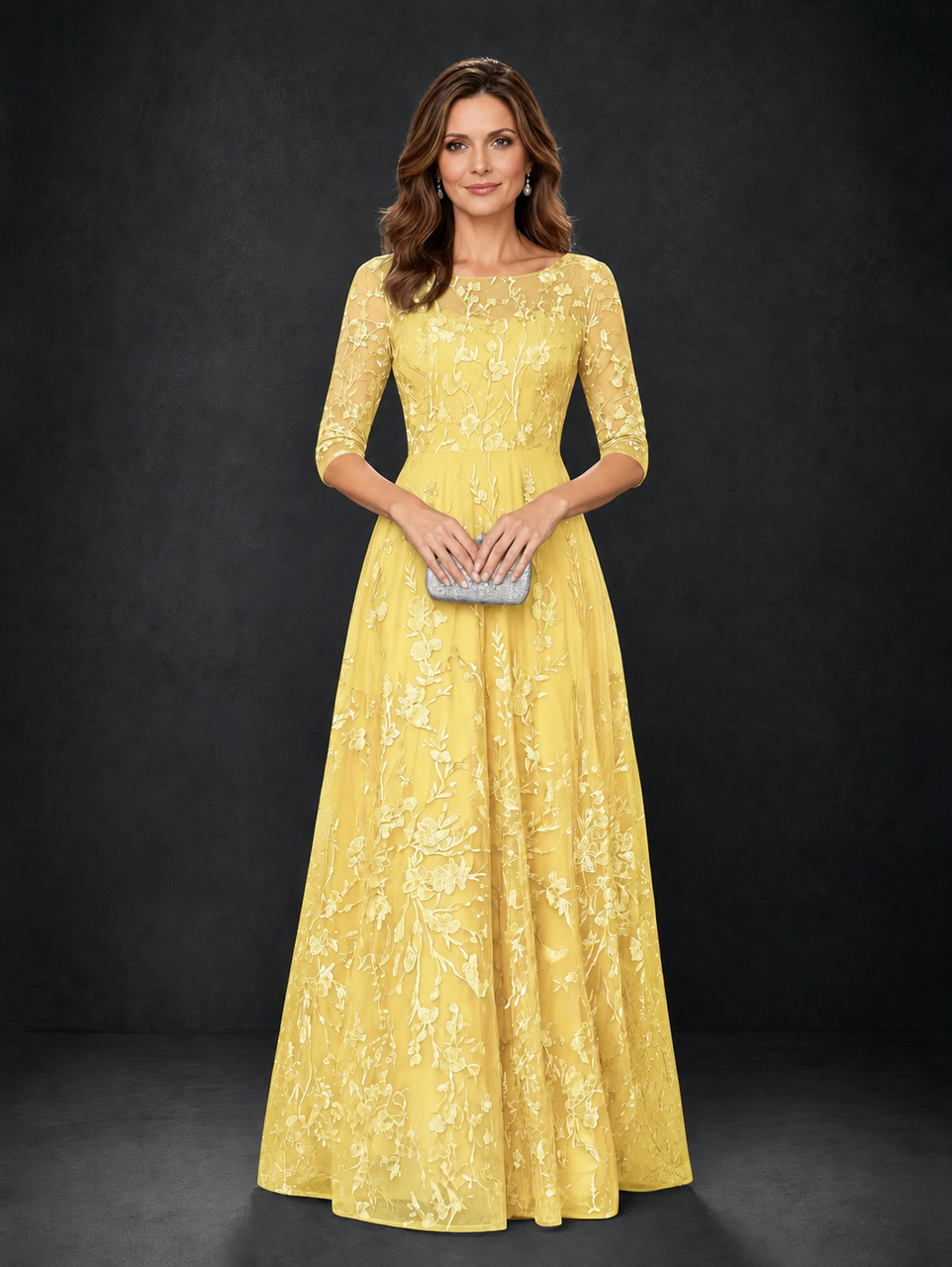 BOLODOO Yellow Illusion Bateau Neck 3/4 Sleeve Floral Lace A-Line Mother of the Bride Dress MX007 - Yellow