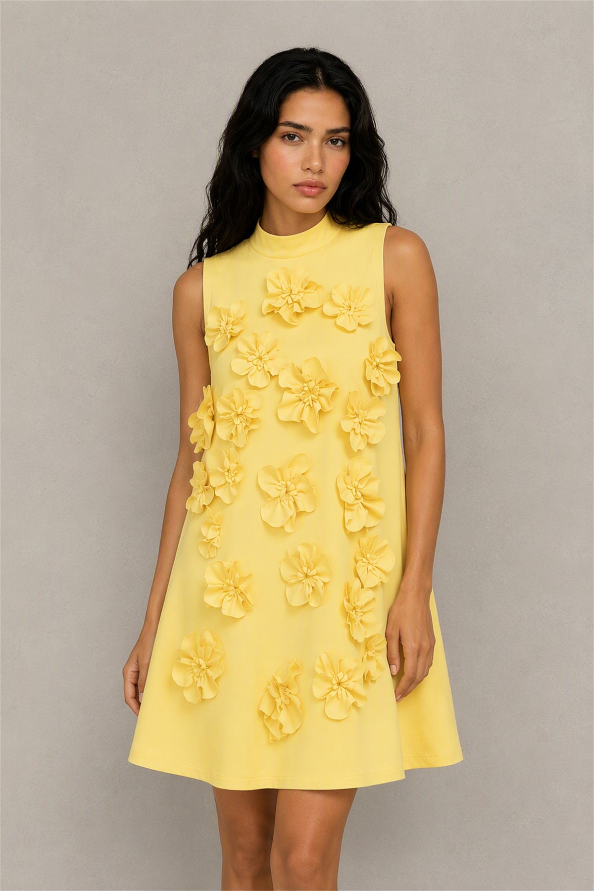 BOLODOO Yellow 3D Floral Mock Neck Sleeveless Mini Dress | A-Line Party Dress 