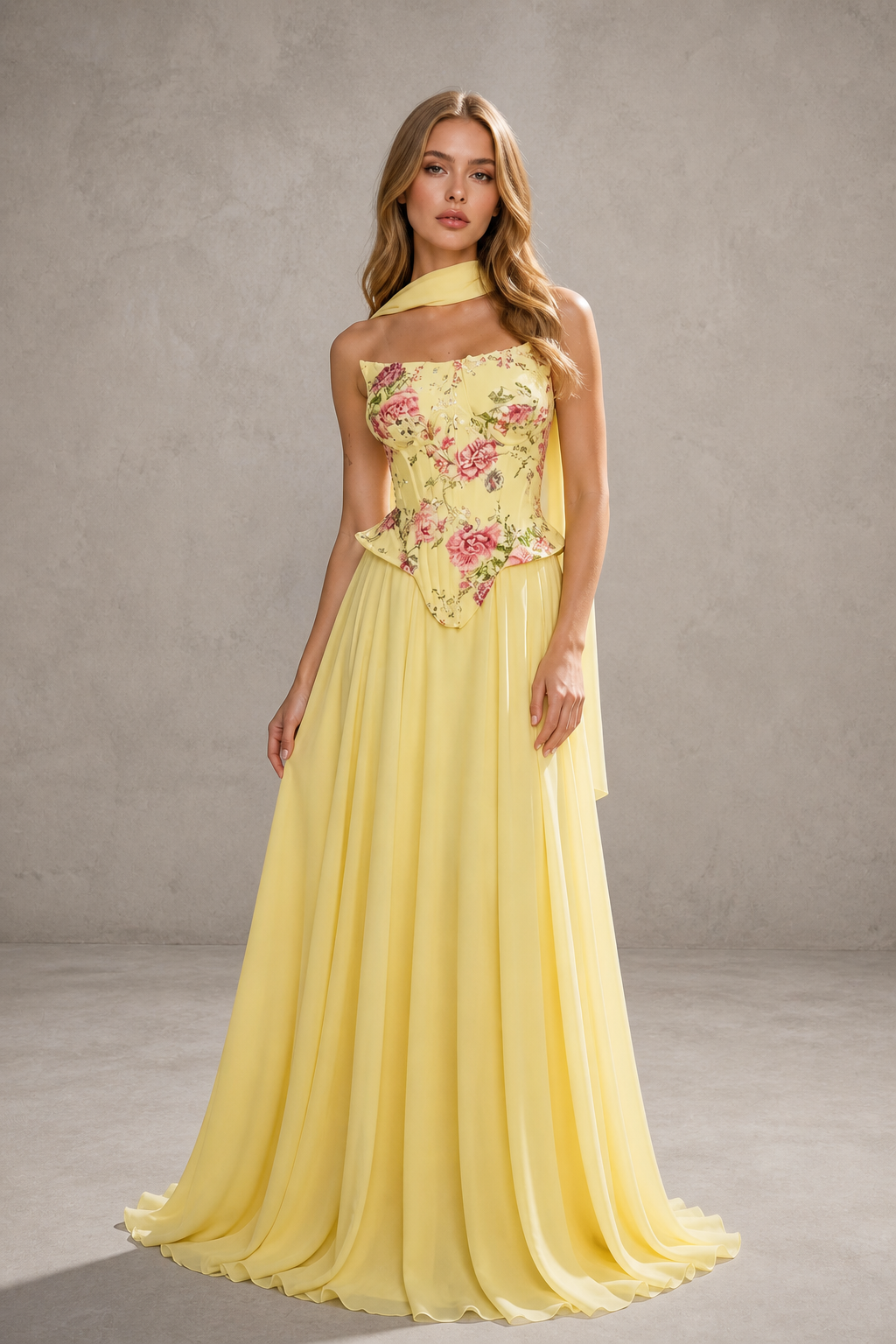 Yellow Floral Embroidered Corset Halter Neck Chiffon Maxi Gown - Back View Open Back