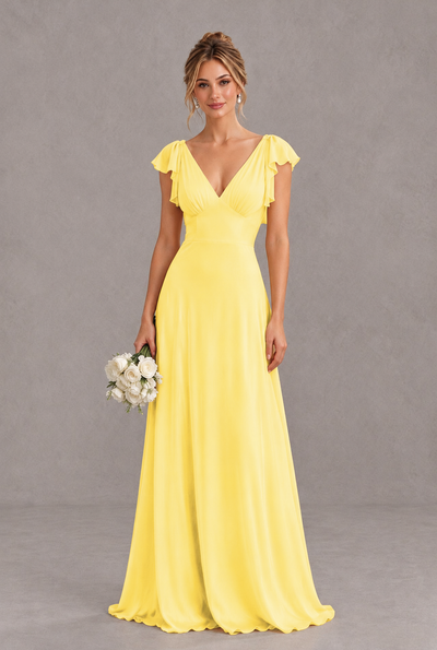 BOLODOO QQ089 yellow V-neck flutter sleeve A-line bridesmaid dress, full-length front view