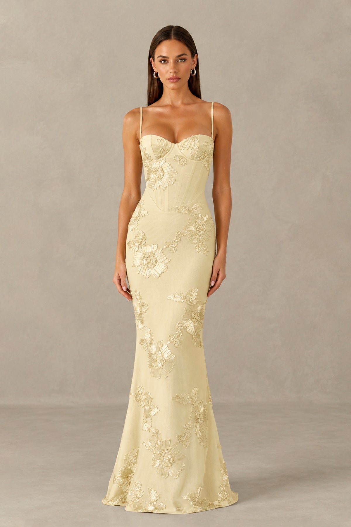 BOLODOO butter yellow floral mermaid maxi dress front view with sweetheart bodice and spaghetti straps
