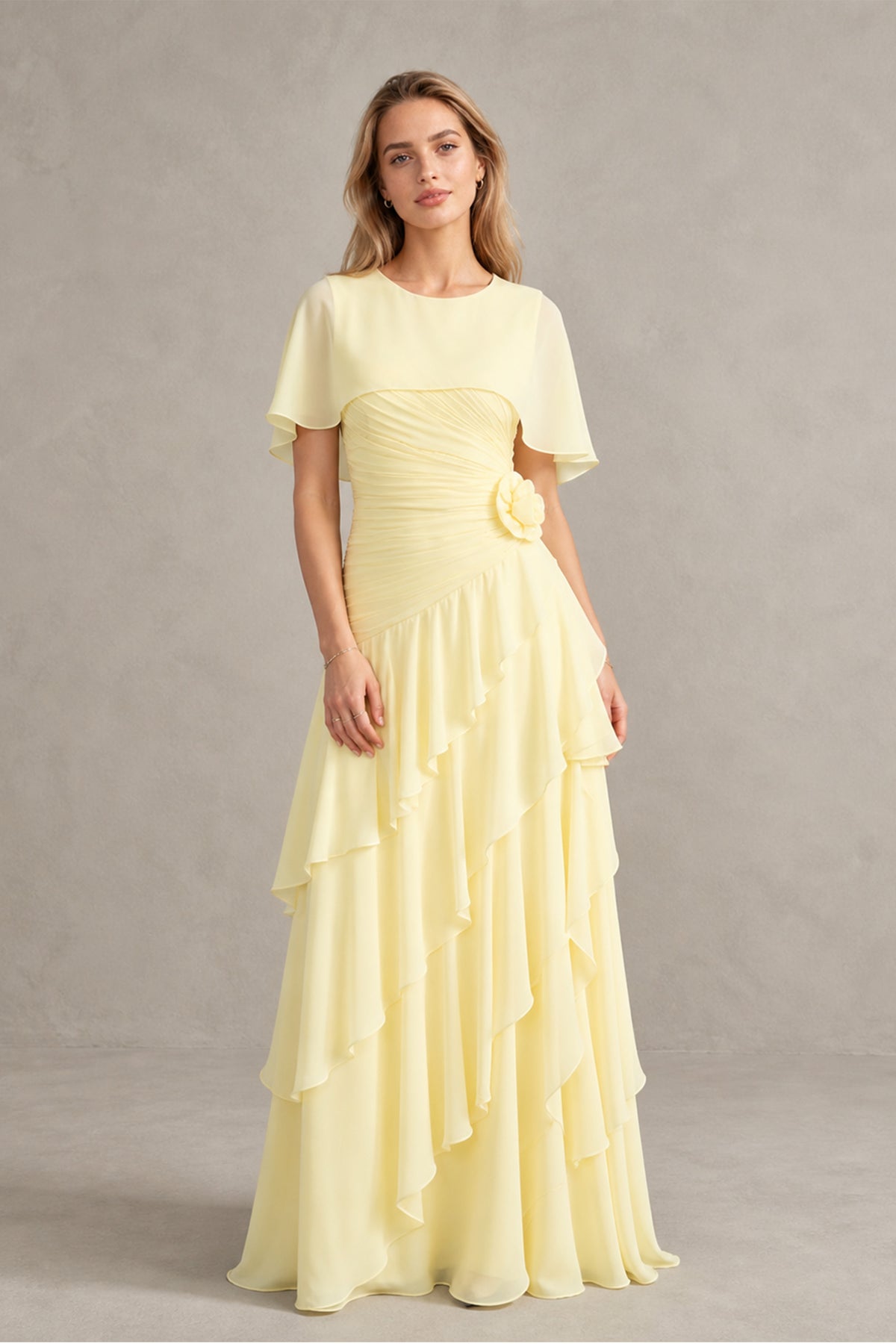 BOLODOO Yellow Chiffon Tiered Maxi Dress - Front View Full Length