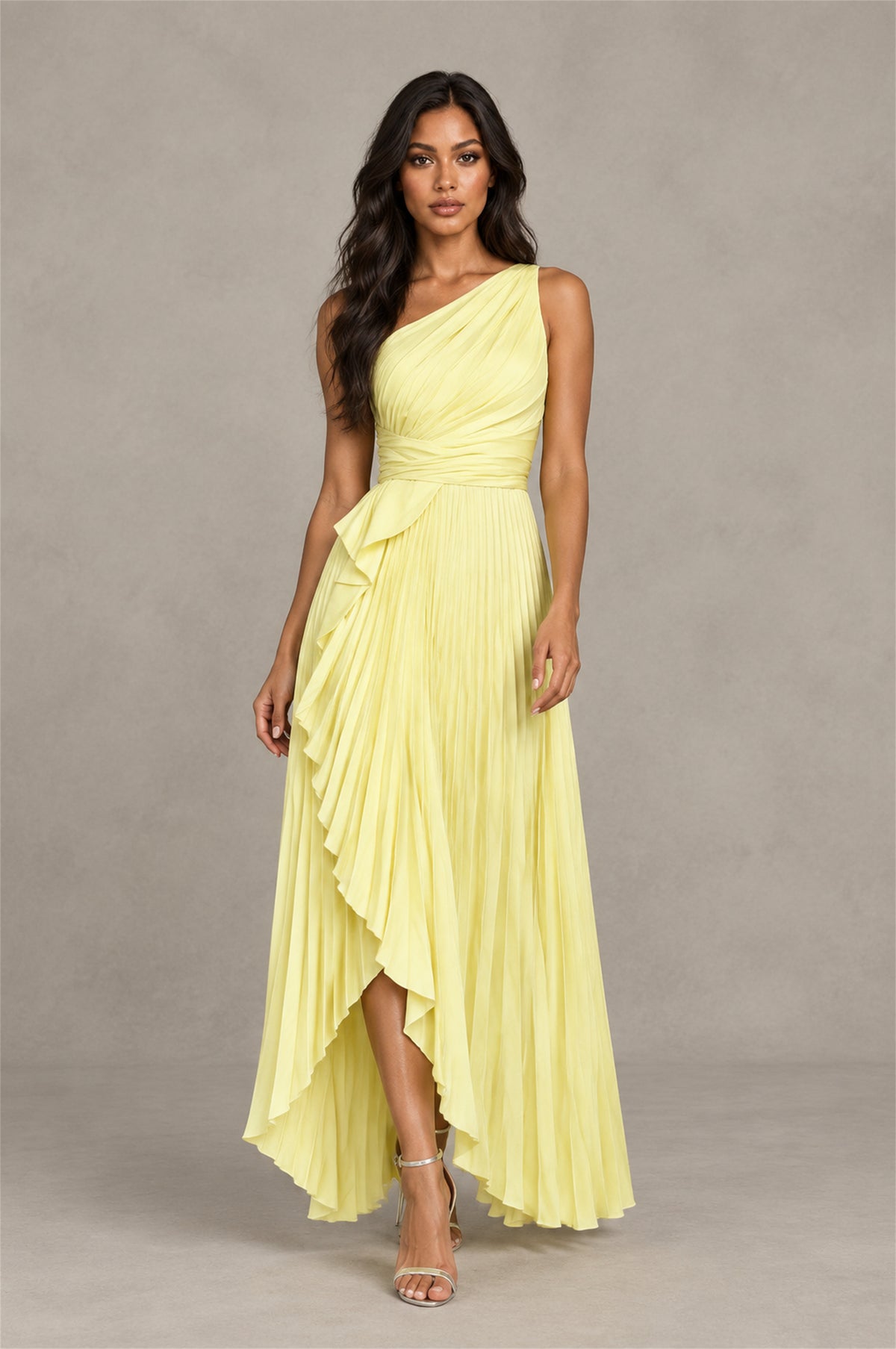 BOLODOO yellow asymmetric ruffle maxi dress three-quarter view