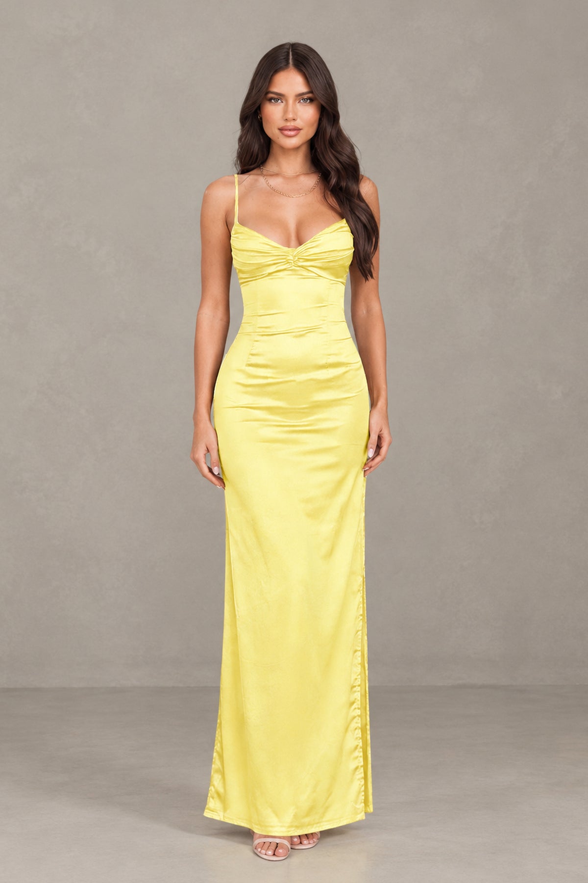 BOLODOO yellow satin cowl neck spaghetti strap mermaid maxi dress front view