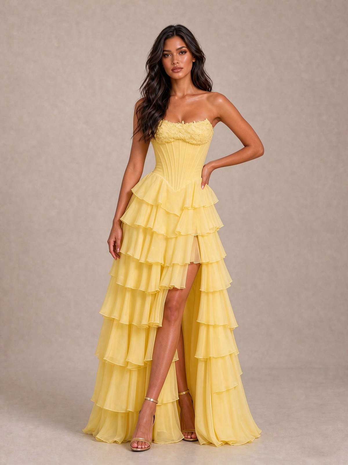 BOLODOO Yellow Strapless Corset Tiered Ruffle Prom Dress with High Slit 