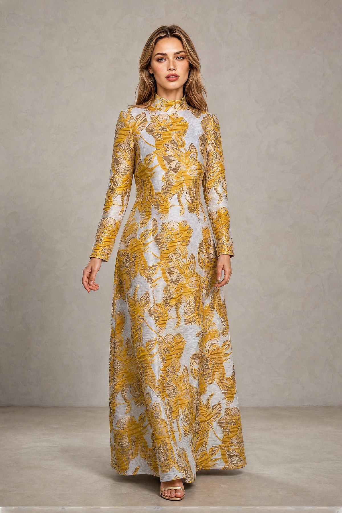 Yellow floral long sleeve maxi dress covered back view