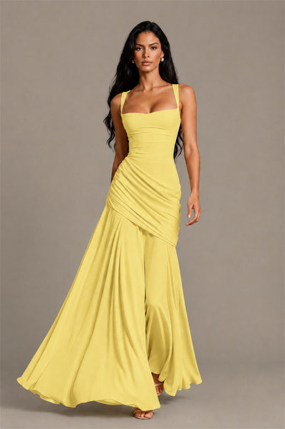 BOLODOO Square Neck Ruched A-Line Maxi Dress – Butter Yellow Backless Evening Gown 