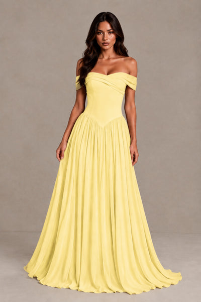 BOLODOO Yellow Off-Shoulder Sweetheart Corset Pleated Chiffon Maxi Dress 