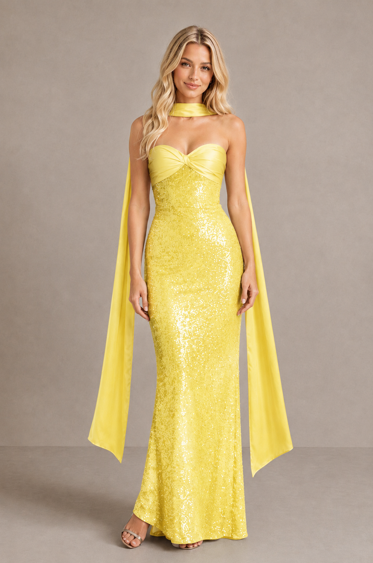 BOLODOO yellow strapless sweetheart evening dress with long matching scarf, full-length front view
