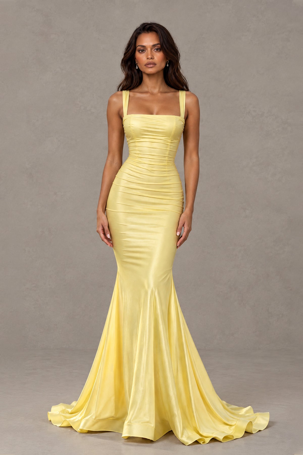 BOLODOO QQ072 yellow satin-look mermaid dress front view with square neckline and sweep train