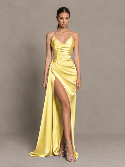 BOLODOO Yellow Strapless Satin High-Slit Lace-Up Prom Dress 