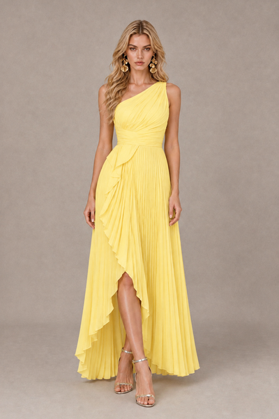 BOLODOO Yellow One-Shoulder High-Low Ruffle Maxi Dress 