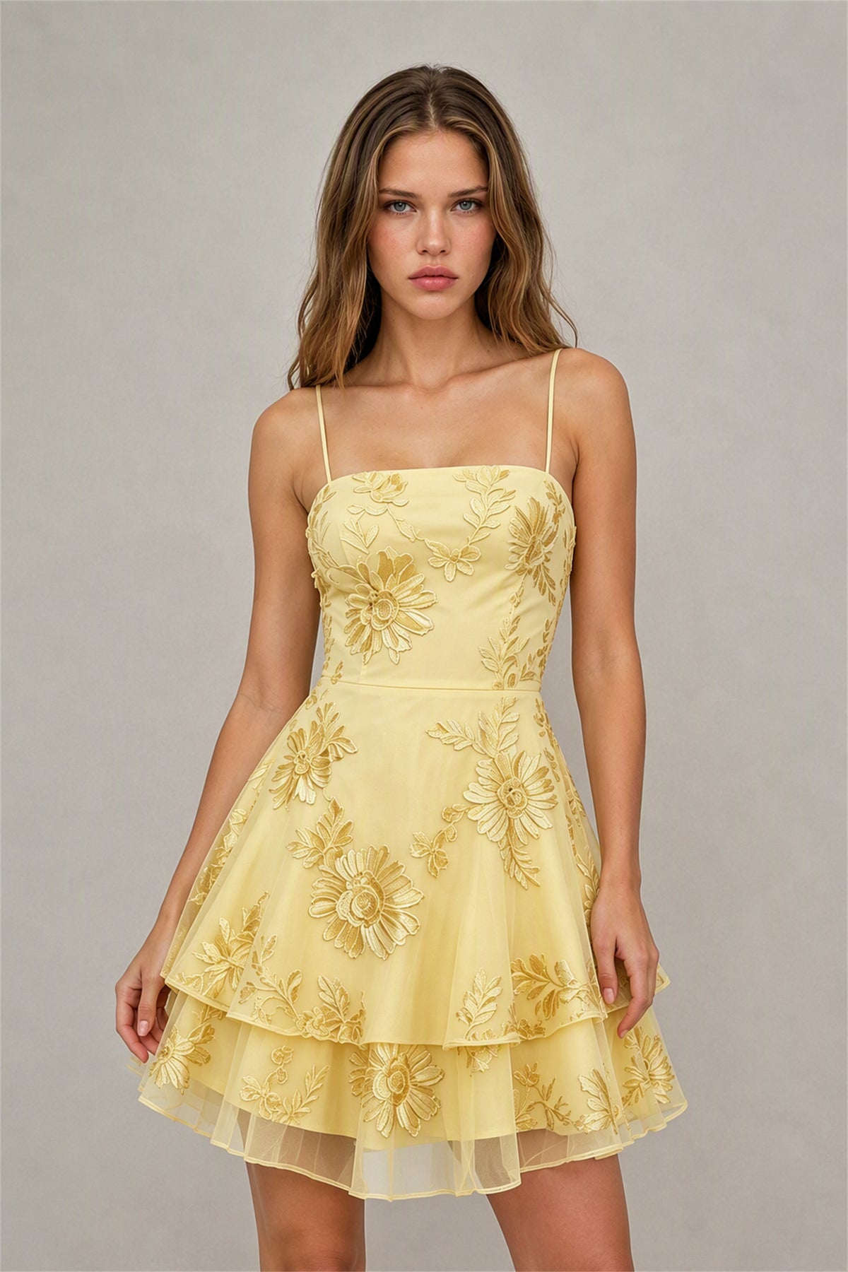 BOLODOO Yellow Embroidered Floral Spaghetti Strap Square Neck Lace-Up Back Tiered Ruffle Mini Dress - Front View