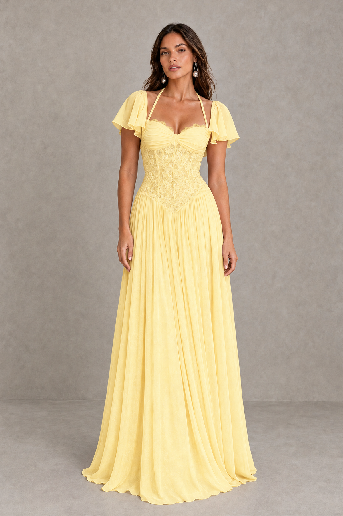 BOLODOO Yellow Flutter Sleeve Lace Corset A-Line Maxi Dress 