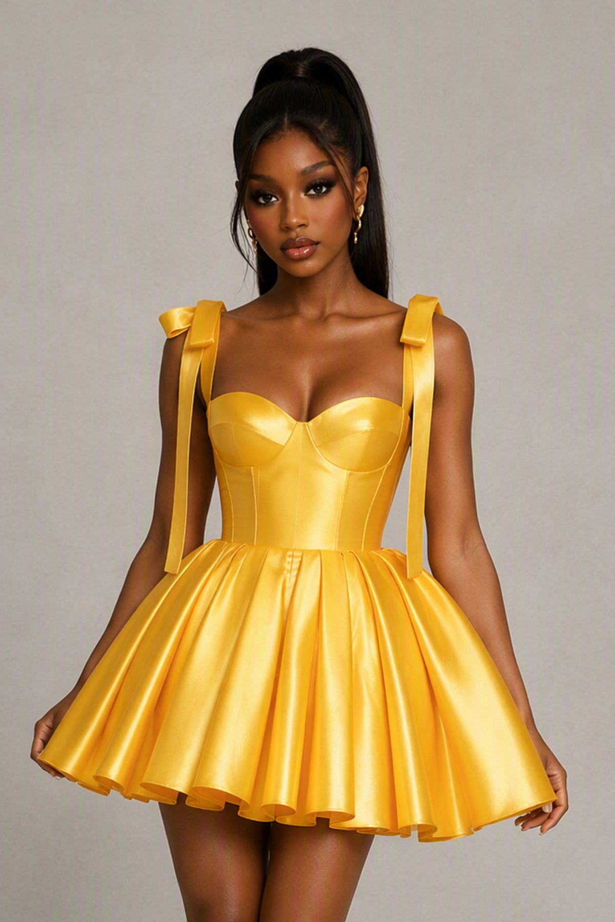 BOLODOO Yellow Satin Sweetheart Corset Bow Strap Lace-Up Back Full Skirt Mini Dress - Front View