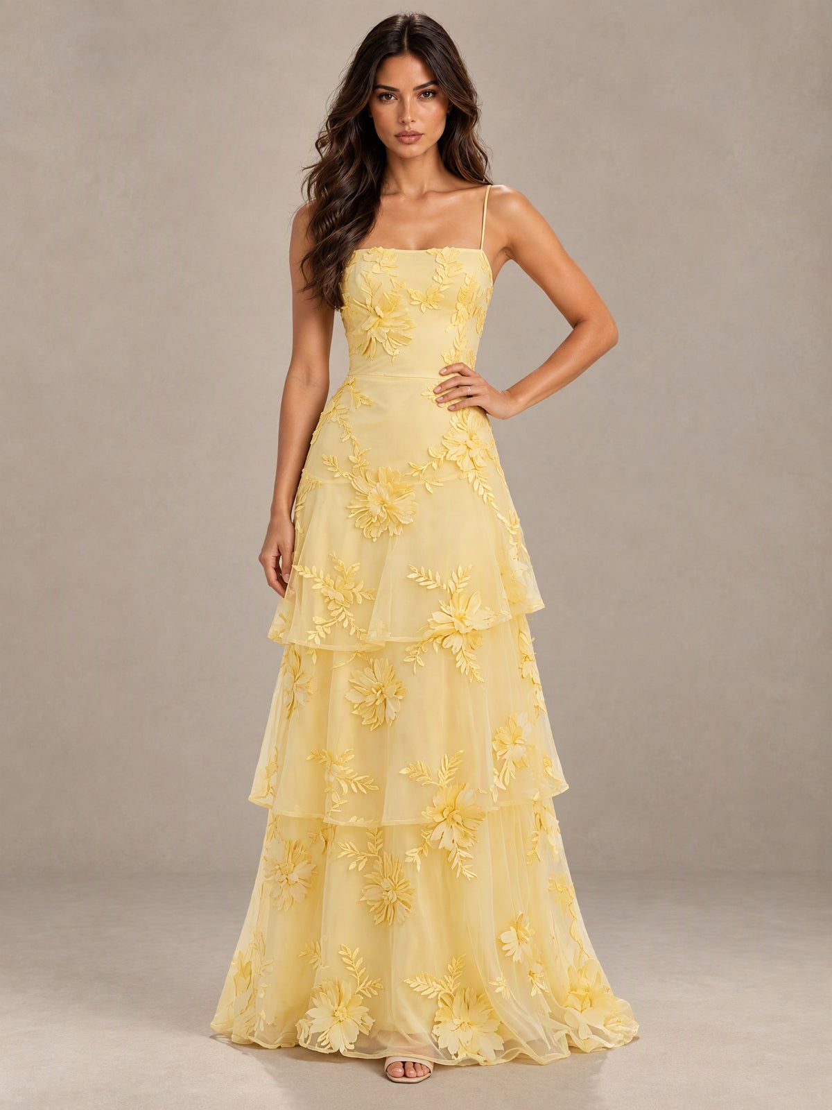 BOLODOO Yellow Floral Applique Tiered Prom Dress with Lace-Up Back 