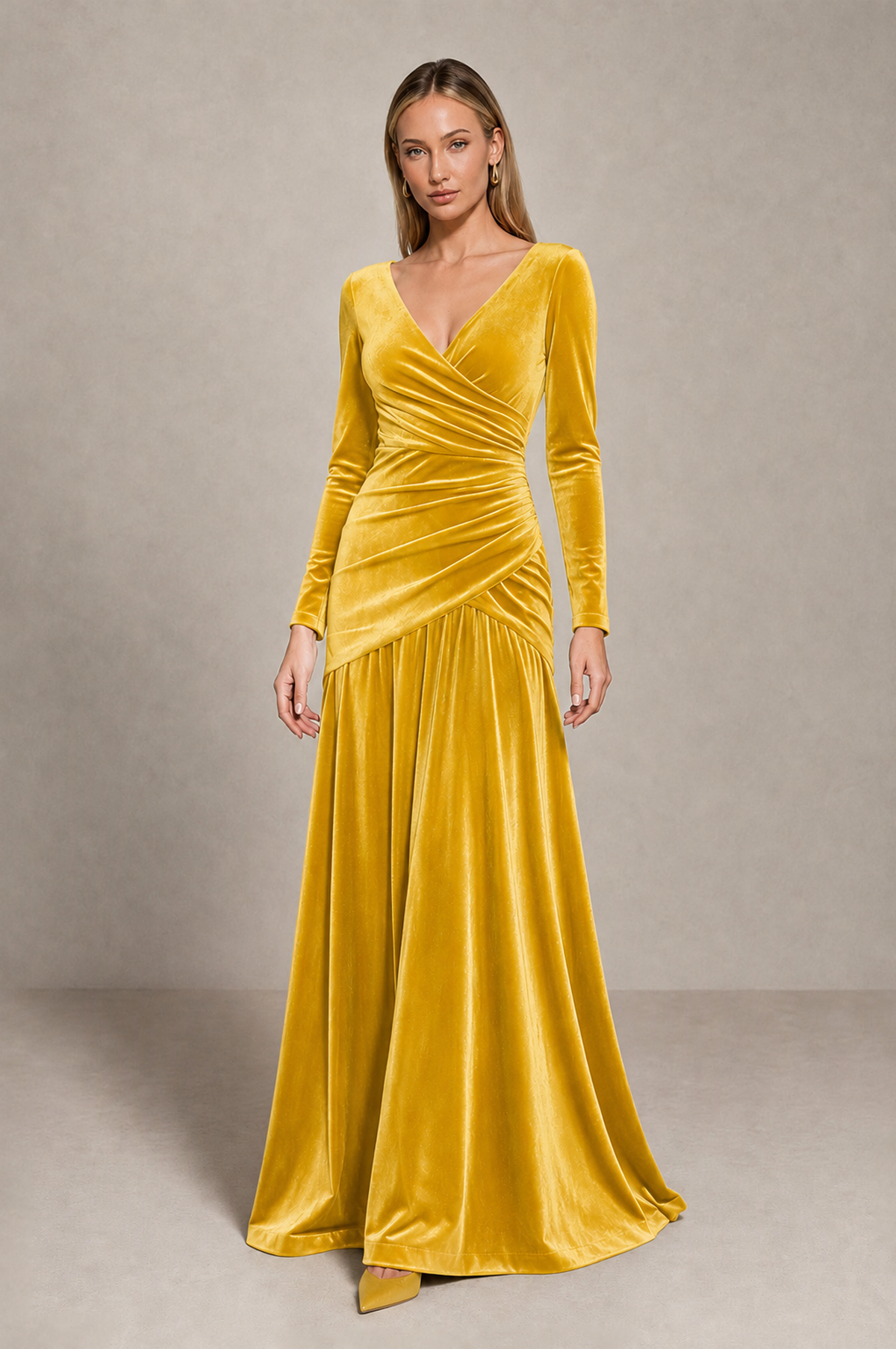 BOLODOO yellow velvet long sleeve V-neck evening dress with ruched waist, full-length front view