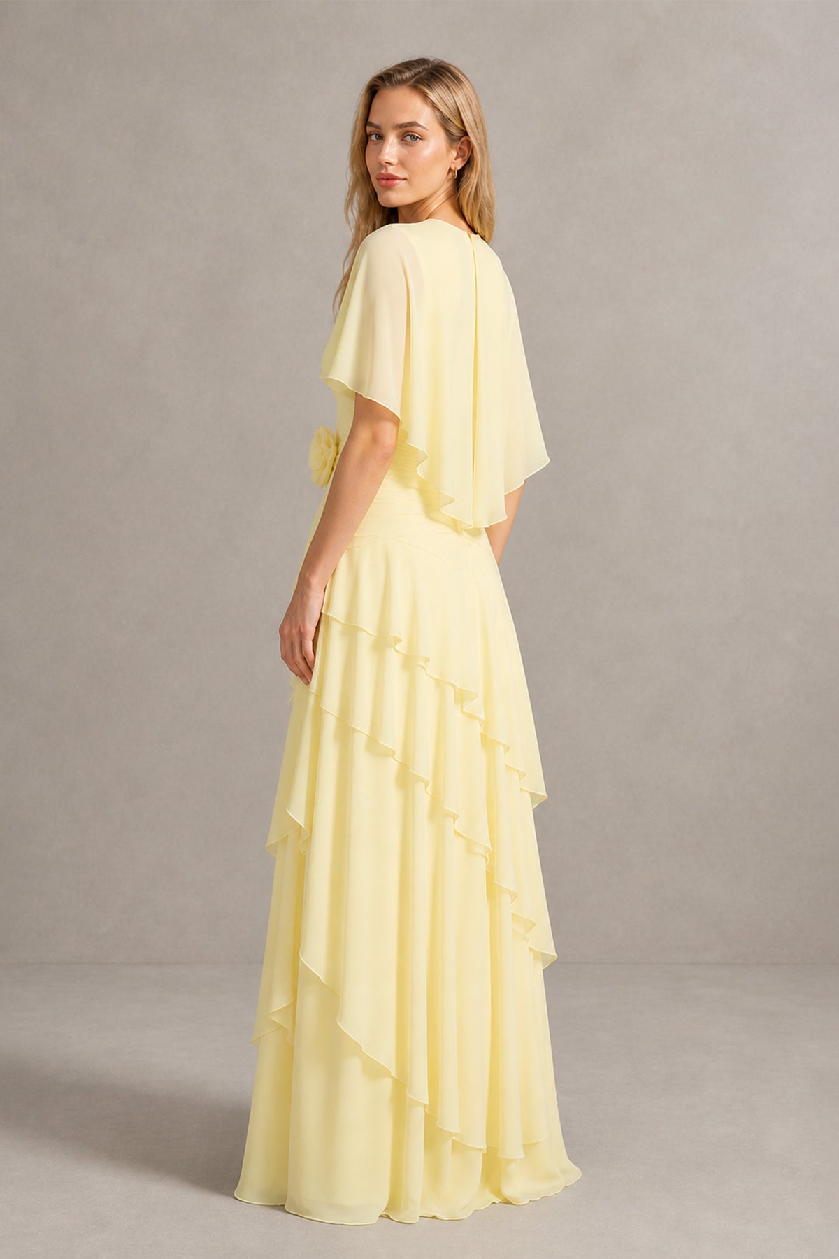 BOLODOO Yellow Chiffon Tiered Maxi Dress - Close Up Bodice & 3D Rosette Detail