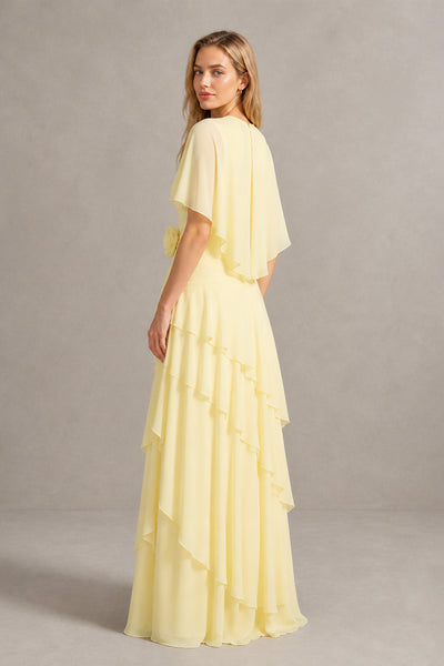 BOLODOO Yellow Chiffon Tiered Maxi Dress - Close Up Bodice & 3D Rosette Detail