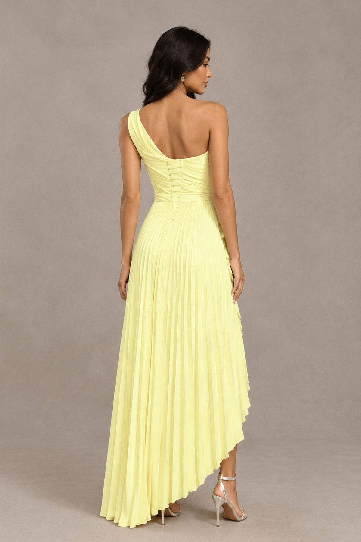 BOLODOO light yellow one-shoulder high-low maxi dress front view with ruffle