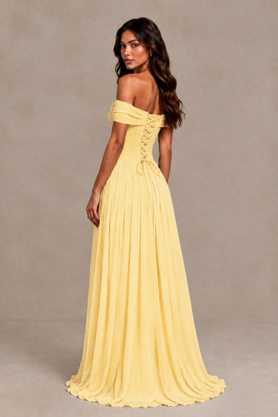 BOLODOO Yellow Off-Shoulder Sweetheart Corset Pleated Chiffon Maxi Dress 