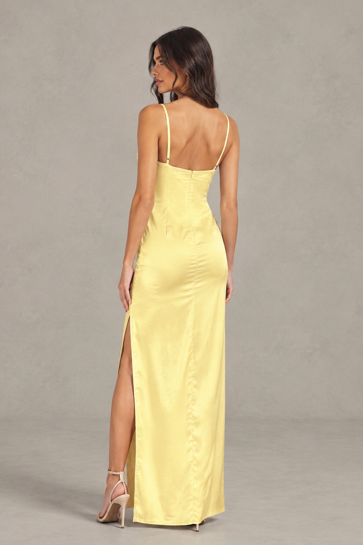 BOLODOO yellow satin maxi dress open back view with side slit