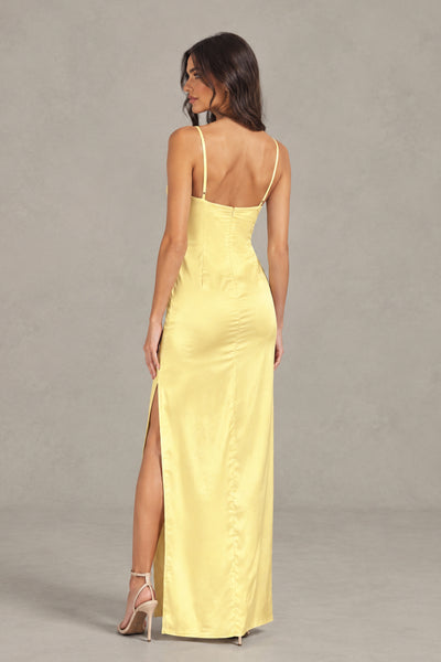 BOLODOO yellow satin maxi dress open back view with side slit