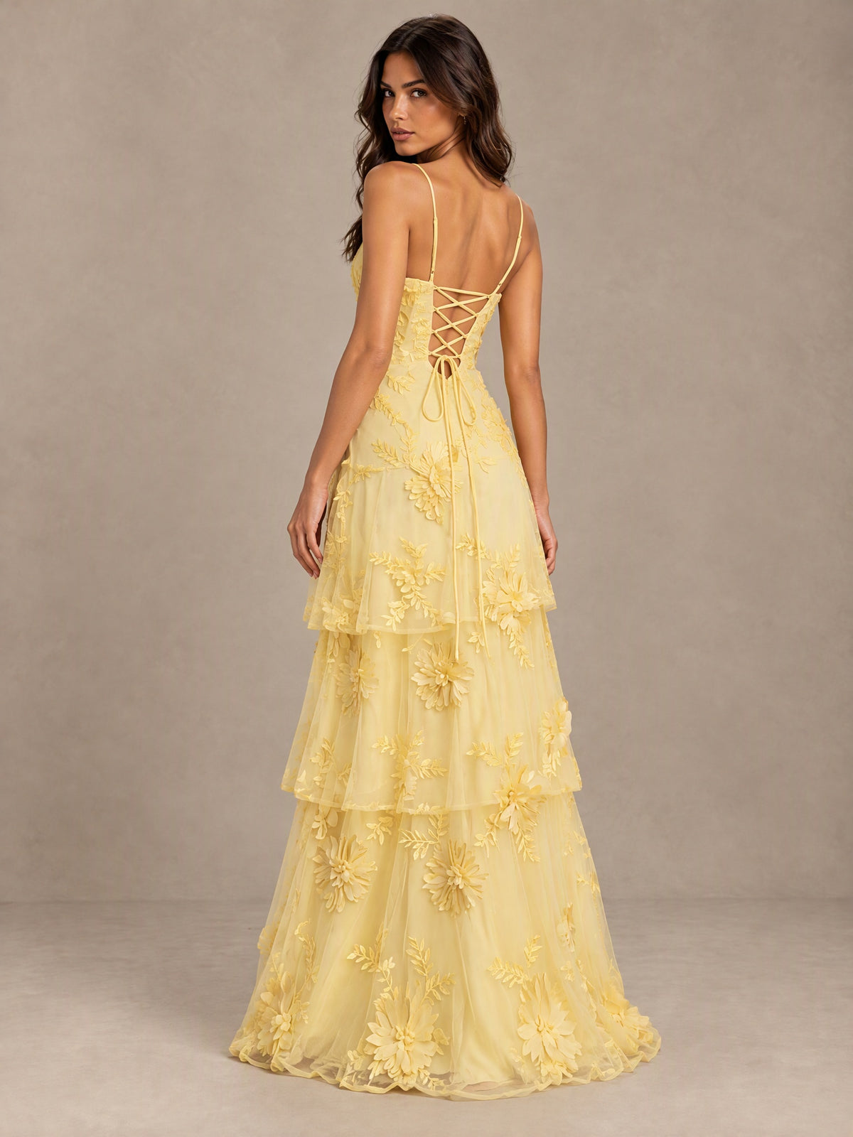 BOLODOO Yellow Floral Applique Tiered Prom Dress with Lace-Up Back 