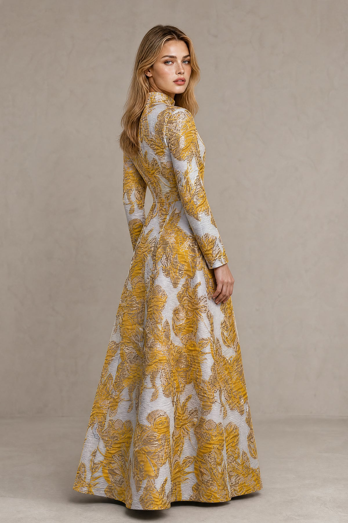 BOLODOO yellow botanical print maxi evening gown three quarter view