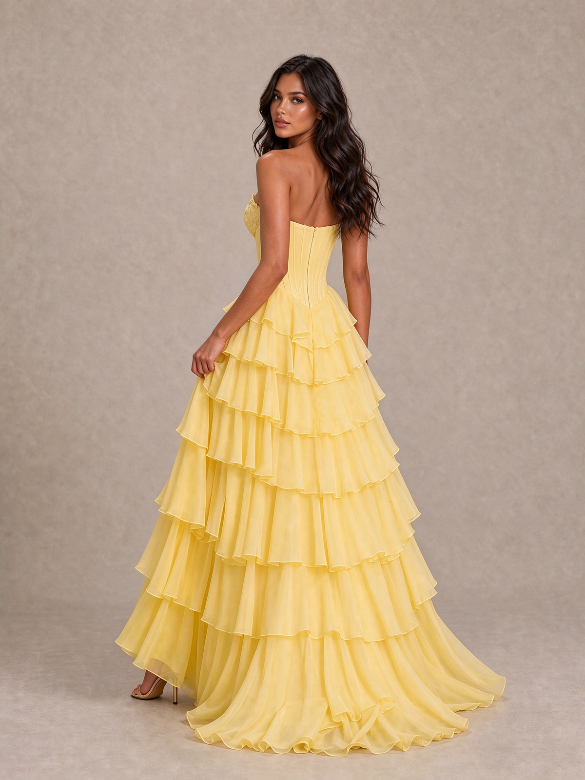 BOLODOO Yellow Strapless Corset Tiered Ruffle Prom Dress with High Slit 