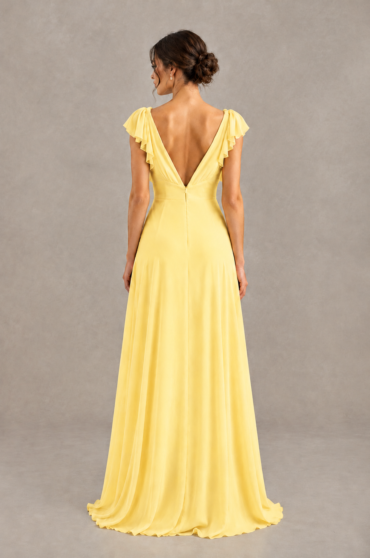 BOLODOO QQ089 yellow flutter sleeve bridesmaid dress with deep V open back, rear view