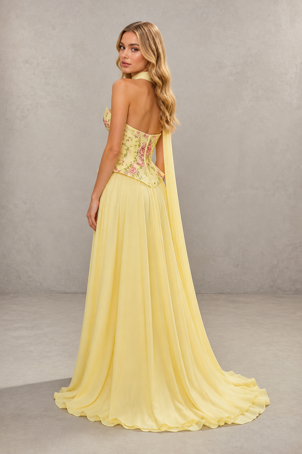 Yellow Floral Embroidered Corset Halter Neck Chiffon Maxi Gown - Front View