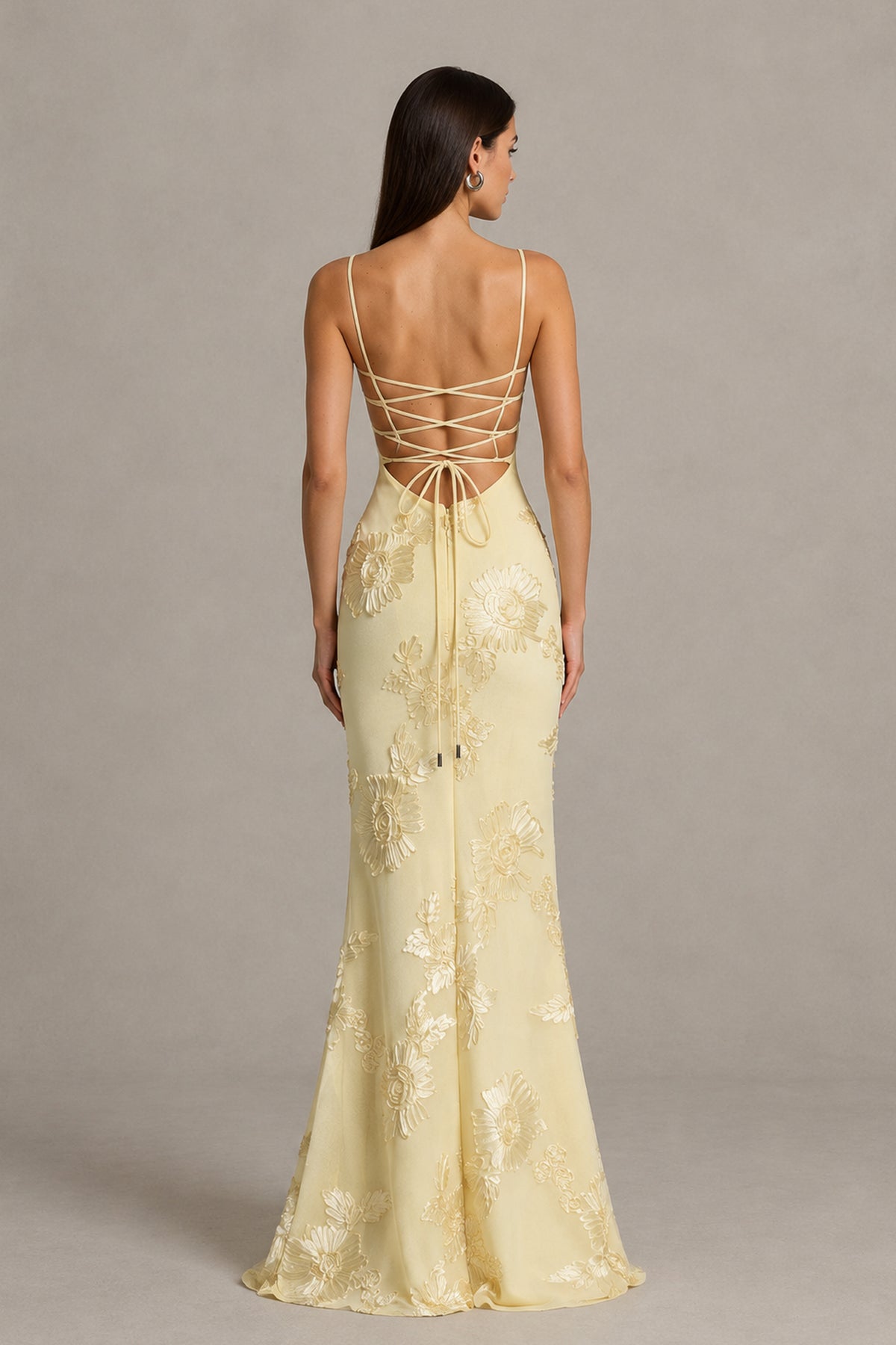 BOLODOO butter yellow fitted floral evening dress three-quarter view