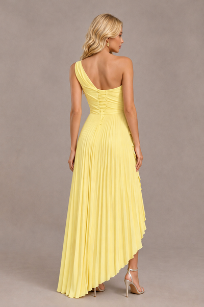 BOLODOO Yellow One-Shoulder High-Low Ruffle Maxi Dress 