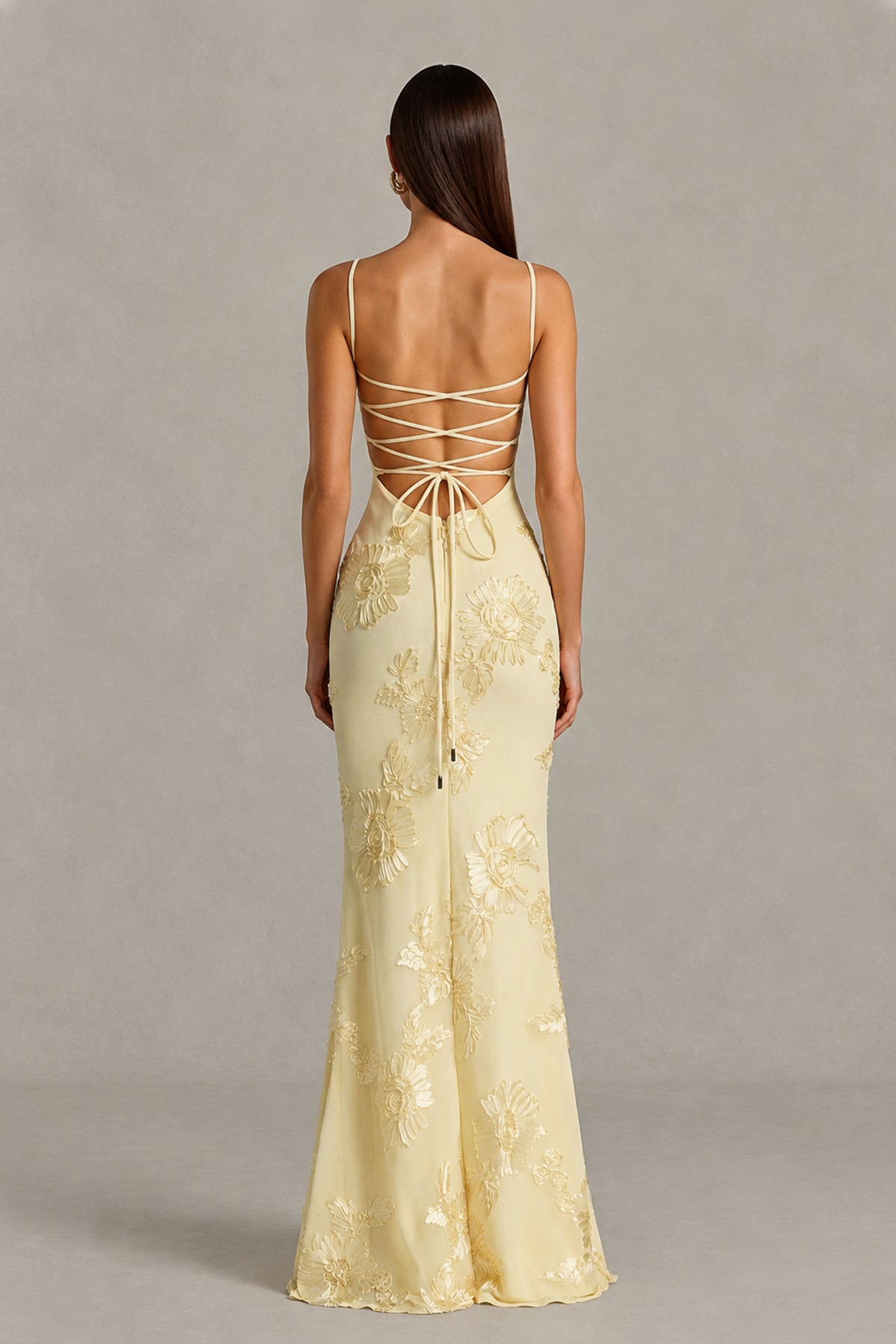 BOLODOO Light Yellow Floral Lace-Up Back Mermaid Maxi Dress 